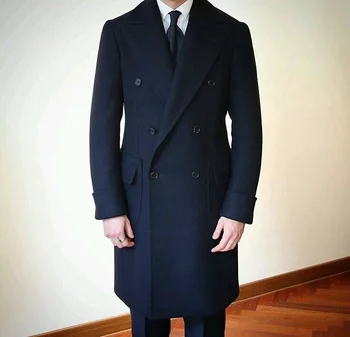 Темно-синее мужское пальто, 1 шт., Двубортное зимнее теплое Длинное пальто, Шерстяной комфортный деловой приталенный тренч на заказ