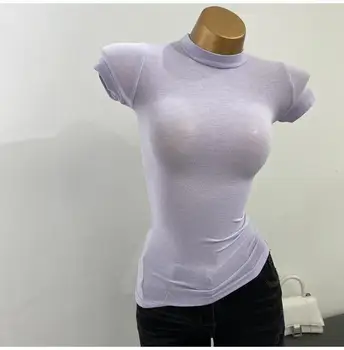 Футболка с полувысоким воротником, Корейская Прозрачная Рубашка с короткими рукавами, облегающая Эластичная Однотонная рубашка с внутренним низом, Сексуальная футболка с большой грудью