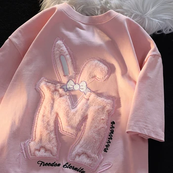 Хлопковая футболка с короткими рукавами и заячьими ушками в виде флокирования, Женский Новый Летний Универсальный Топ, Розовая Милая футболка с флокированием, Кавайная одежда Для женщин